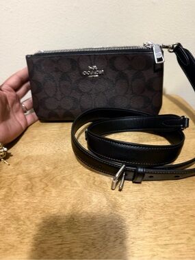 Coach Brown Signature Canvas Crossbody/Belt Wristlet with Black Strap